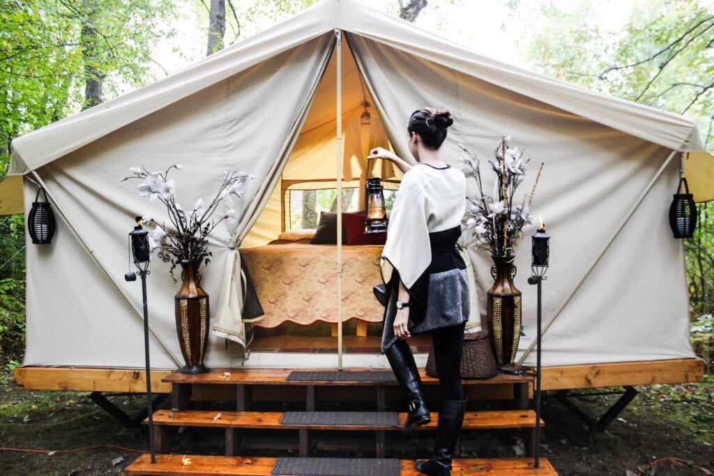 Sarah entering the Adirondack Safari tent